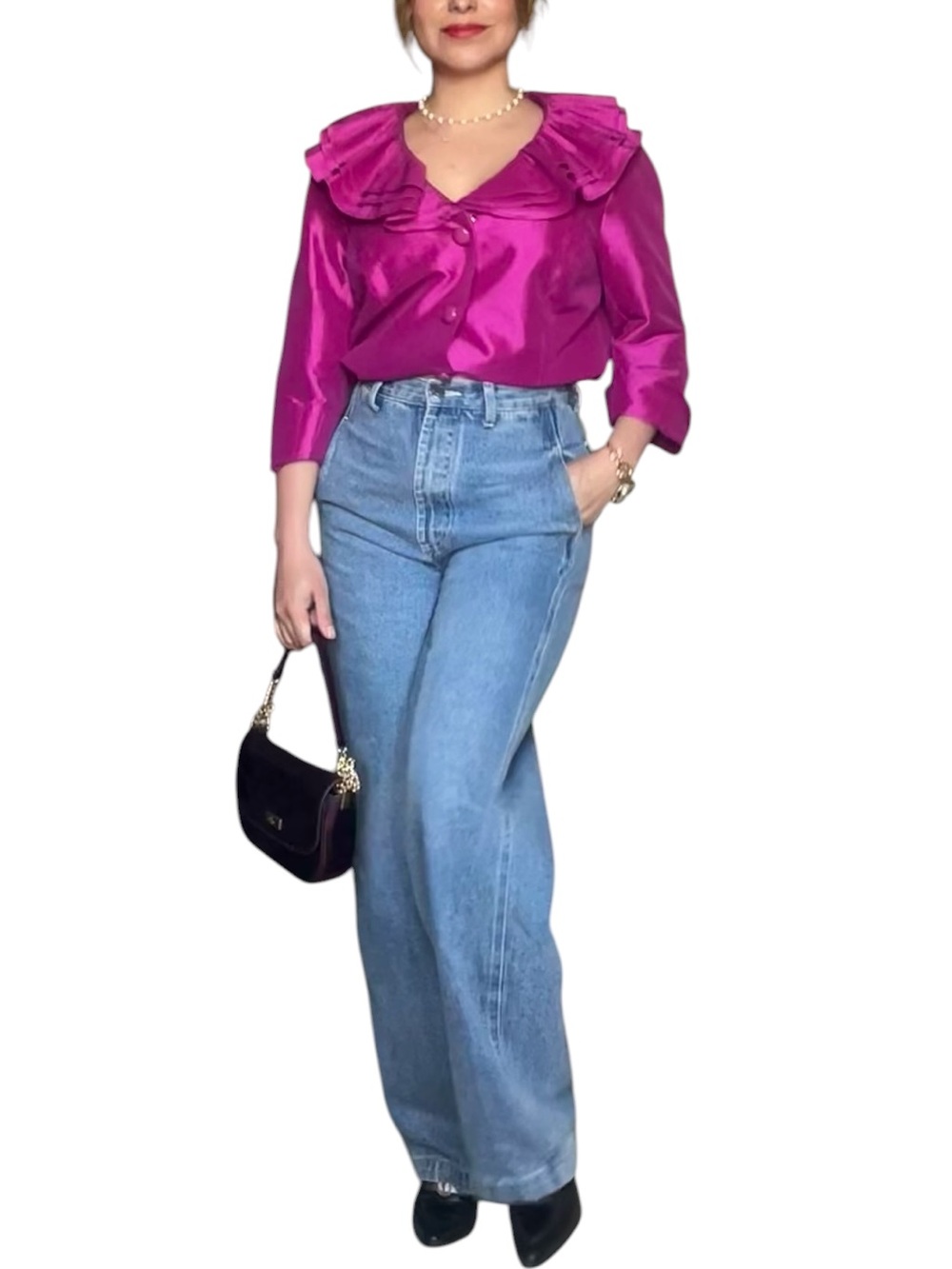 Nicolette Fuchsia Satin Cropped Jacket with Dramatic Ruffled Collar - M